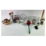Glass flower, etched glass tray, teapot, footed