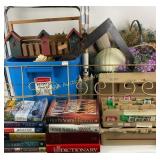 Books, model rocket with parts, drying rack,