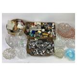 Opalescent blue hobnail ruffled trinket dish,