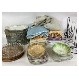 Glass serving platters, rooster bowl, regency