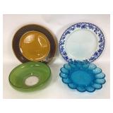 Tiara blue egg plate, green glass bowl, Harmony