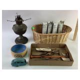 Diecast metal toy trailer, Metal oil lamp base,