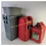 Atwood 6 gal and Blitz 5 gal gas cans, trash cans