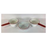 1940s red rim white enamel double boiler and