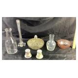 Glassware; Decanter, Candlestick, Lidded Dish and