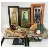 Framed art, dog statue, mason jar, glass pitcher,
