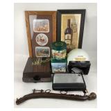 Tin canisters, Fulmer bike helmet, framed art,