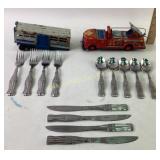 Metal Tonka trailer, rusty, tin firetruck, Coca