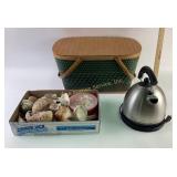 Seashell Assortment, Green Woven Basket, and Stain