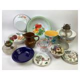 Dishware: serving bowls, pitcher, and candy
