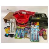 Plano tool box with lures and bobbers, light