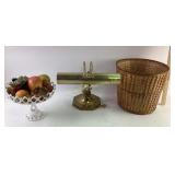 Brass lamp untested milk glass fruit bowl, wicker