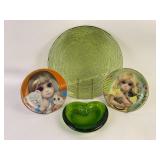 Decorative Margaret Keane Plates, Green Art Glass