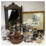 Framed art, decorative wall mirror, cowboy hat,