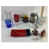 Sushi tray, coffee, mugs, glass base, salt and