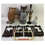 Owl Figurines, Ohio State License Plate Frame, and