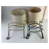 Two metal copper & black plate or plant stands