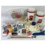 Hall Autumn leaf plate, Campbells soup canisters,