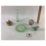 Uranium glass vase and plate, satin blue glass