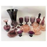 Pink depression glass and Amethyst dishware.