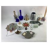 Montreux clock, blue glass bottle and stopper,