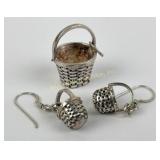 Sterling basket pendant and earrings. Total