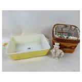 Pyrex yellow 0503 square dish, Longaberger basket