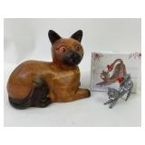 Mid Century Wooden Cat Sculpture and Glass Kitty