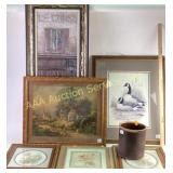 Brown 1 gallon crock, framed art: horse drawn