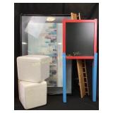 Framed art, long wall shelf, dry erase/chalkboard