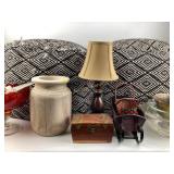 (2) pouf patio seats one damaged, small table