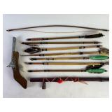 Vintage toy arrows, wooden and metal toy gun,