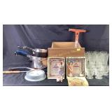 Revere ware copper bottom skillet and pots,