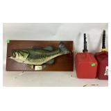 (2)  gallon gas cans, mounted fish, broken fins