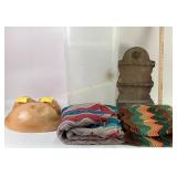 Afghans, qty 2. Wooden spoon wall rack,