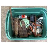 Tote of chains, iron wedges, spike, tools, lock,