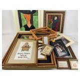 Framed art, various sizes, one empty frame, one