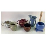 Teapots, pitcher stained on bottom, vases.