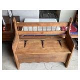 Wooden seated storage bench. Black hinges. 32in