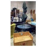 Outdoor glass table with green umbrella. 33.5in