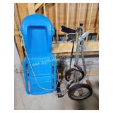 Blue Plastic Sled and Par-King Golf Bag Cart