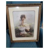 Framed Artwork Depicting a Young Girl in a Garden