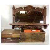 Wall Mirror, Fruit Crate, and Velvet-Lined Storage