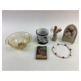 Yellow ribbed bowl, white Sox mug, willow tree