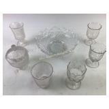 Pressed Glass Serving Bowl, Goblets, and Lidded Di