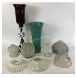 Glass Lamp Shades, Metal Stand, and Green Vase