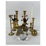 Brass lot: Candle Holders, Bells, paperweight,