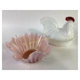 Hen on a nest, opalescent ruffled pink flower