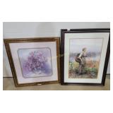 Framed Floral Still Life and Pastoral Woman Prints