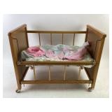 Wooden Doll Crib With Baby Accessories and Bedding
